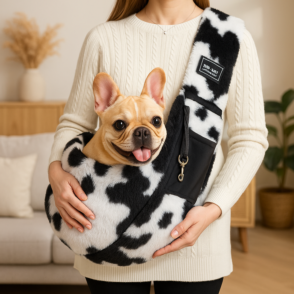 bulgod de couleur claire dans un sac de transport en bandoulière. Le chien se fait porter dans un sac en bandoulière de couleur blanc et noir tacheté. La personne est dans une pièce de couleur claire avec en fond un canapé de couleur gris et un meuble en bois claire. Image produit Boutiquechien