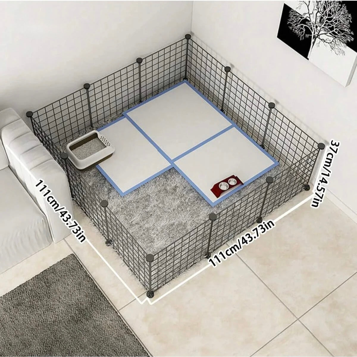 Dimensions du produit rectangulaire gris avec coin pour chien. Image produit Boutiquechien