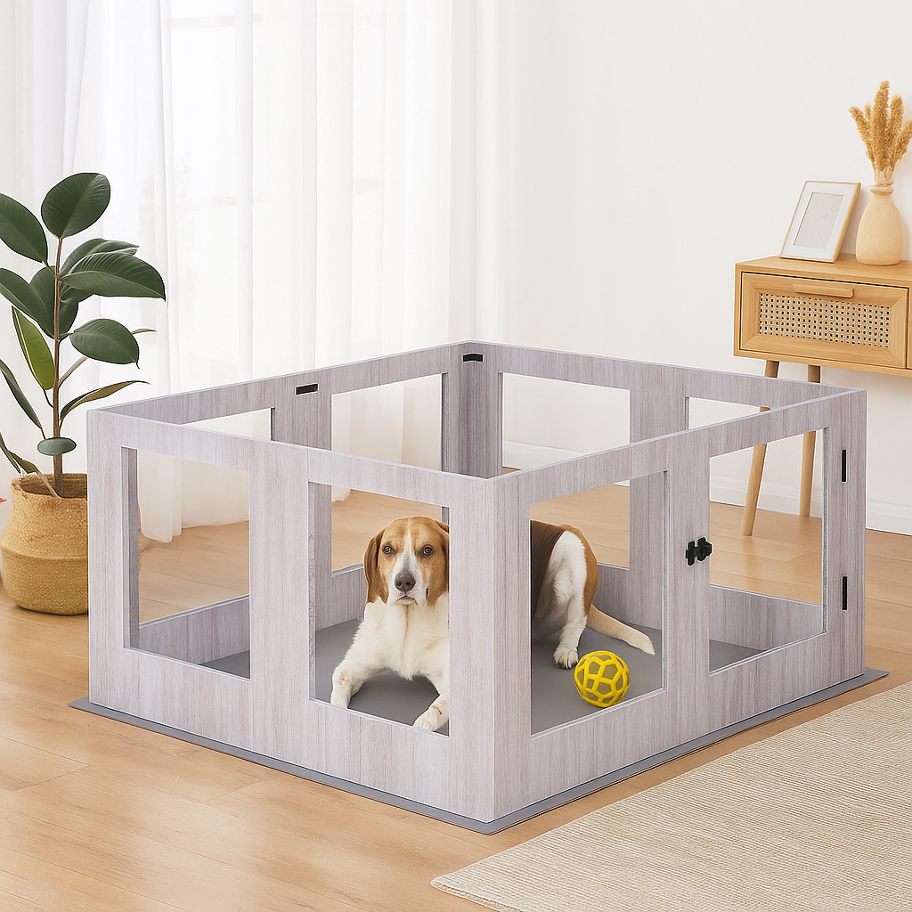 cage pour chien gris à l'intérieur dans un Salon de couleur claire. Image produit Boutiquechien