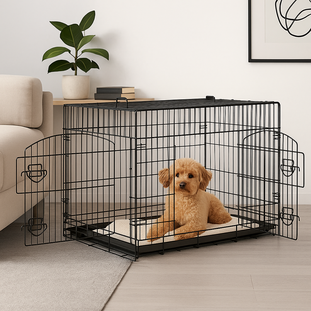 cage pour chien de couleur noir posé dans un salon de couleur claire avec à côté un canapé chien gris. Image produit Boutiquechien