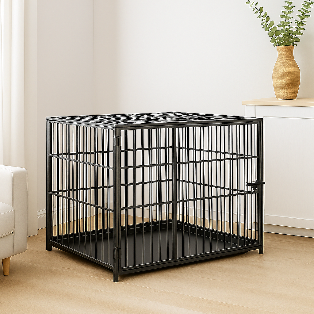 cage pour chien de couleur noir sécurisé et durable avec une plante verte. Image produit Boutiquechien