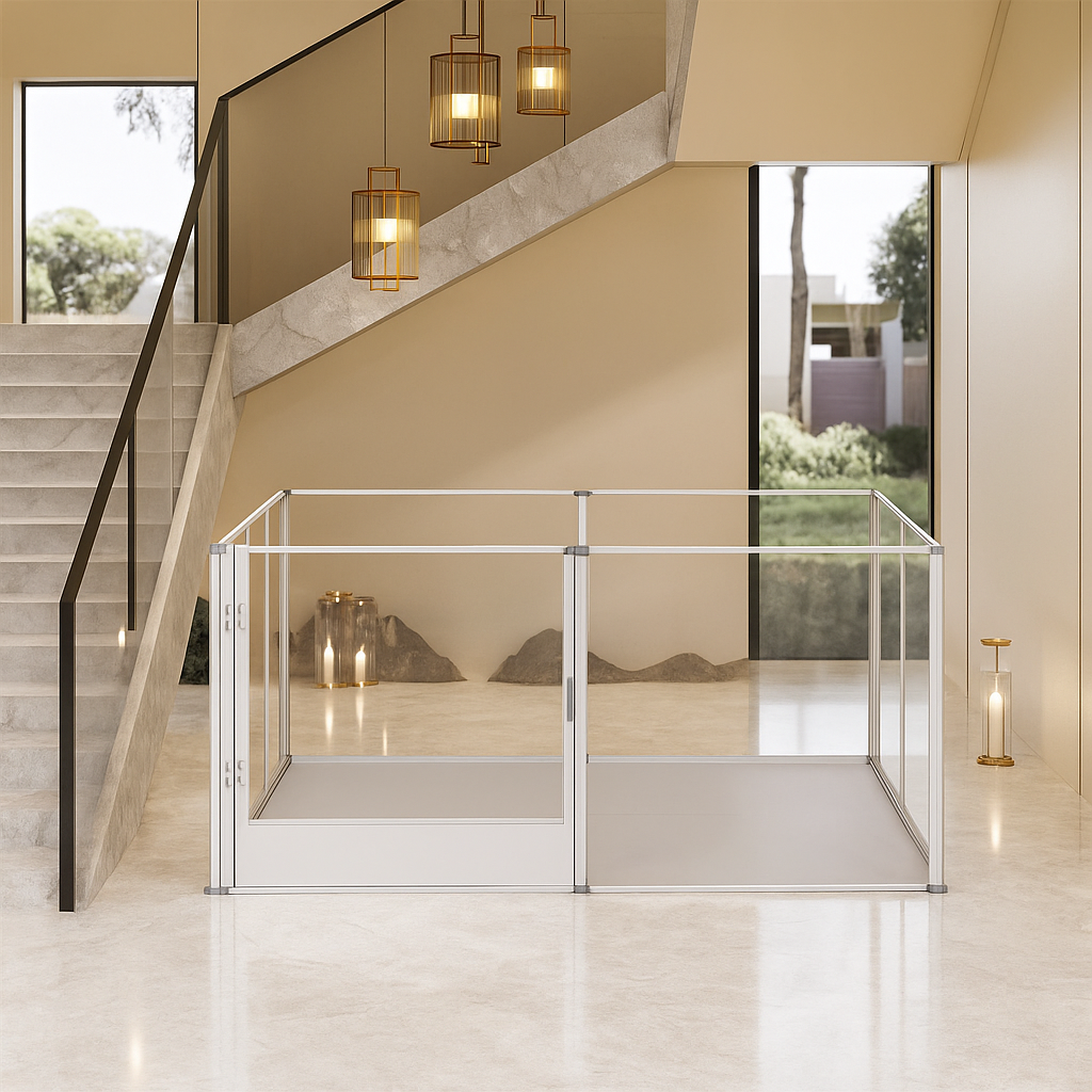 Cage chien transparent de couleur gris dans un pièce claire. Image produit Boutiquechien