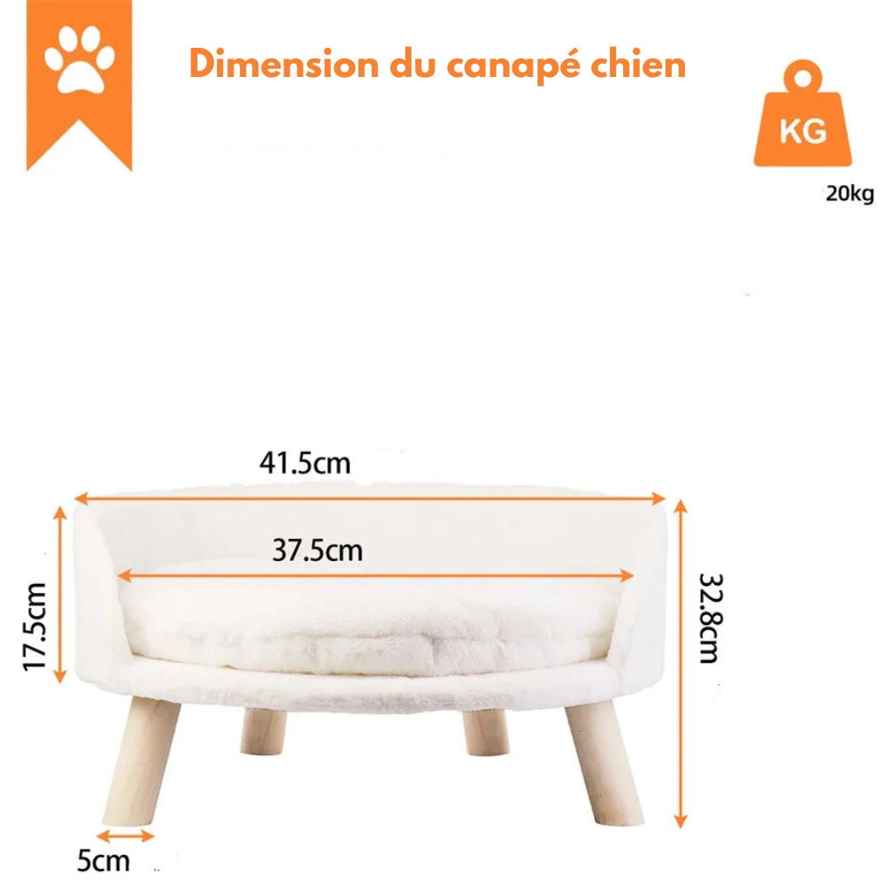 canapé chien de couleur blanc avec une dimensions de tout le produit. Image produit Boutiquechien