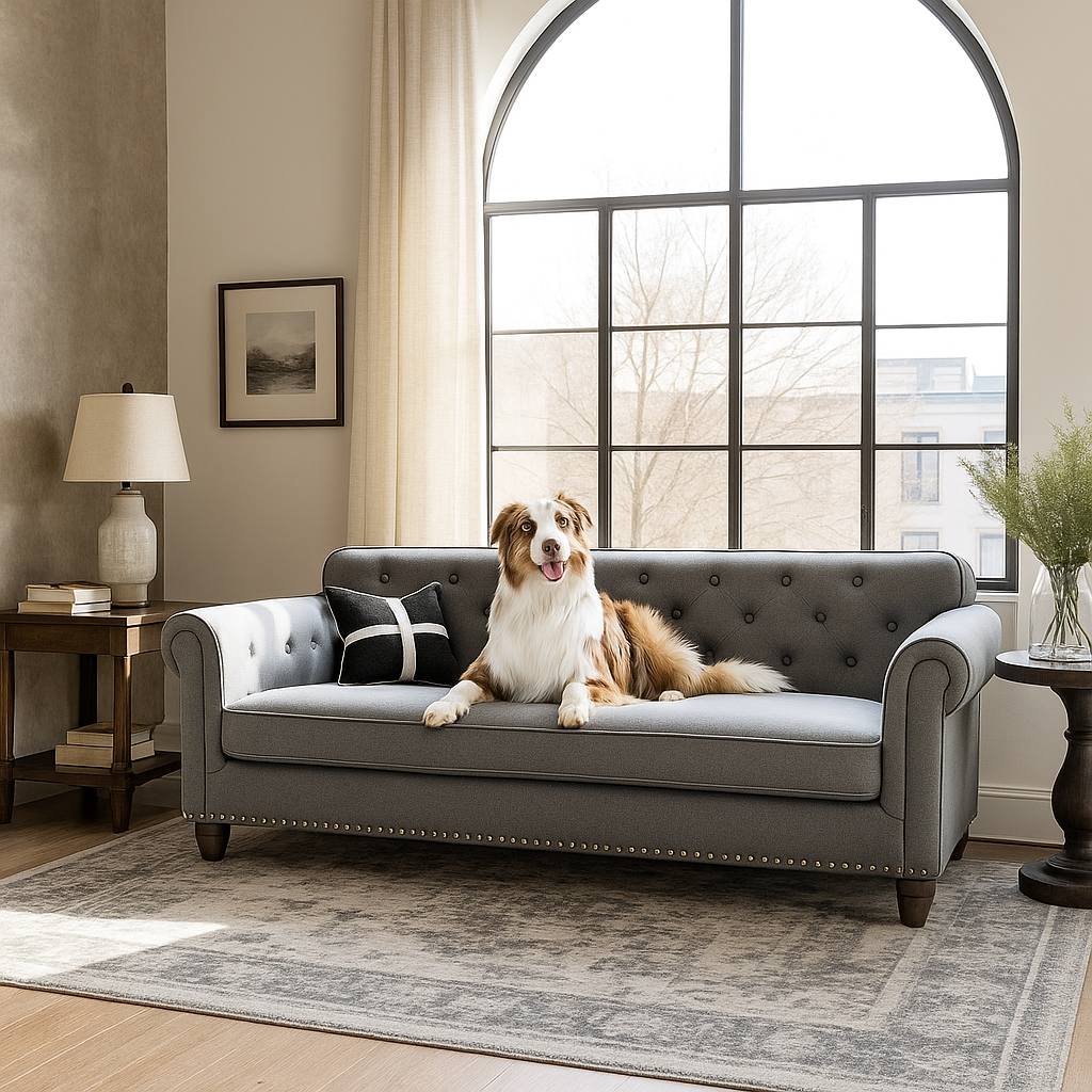 canapé chien de couleur gris avec un chien brun et blanc couché dessus. En fond il y a une grande bais vitré noir. Il y a sur les côtés des meubles noir. Image produit Boutiquechien