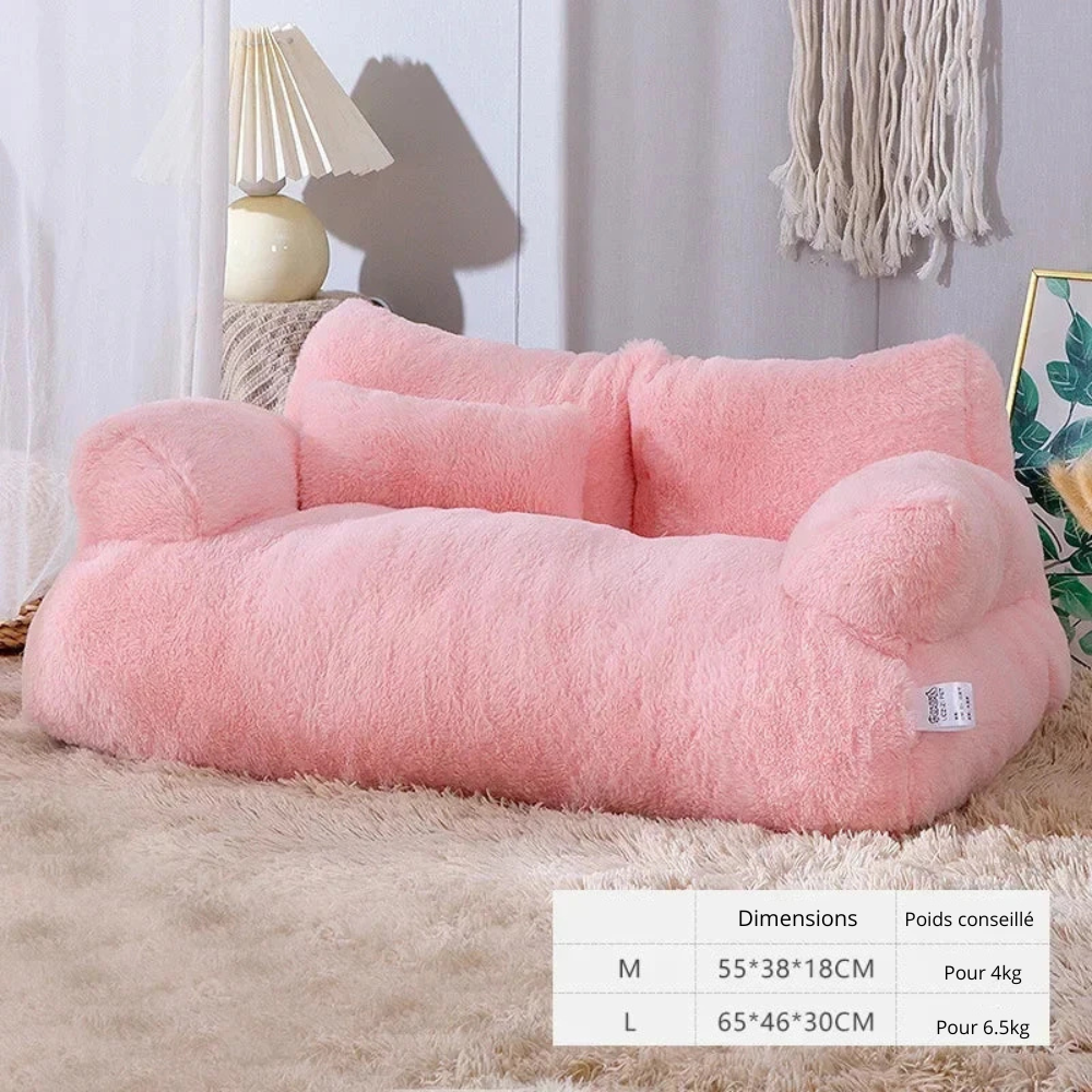 Canapé pour petit chien rose avec dimensions total de M àL. Le petit canapé est dans un fond gris. Image produit Boutiuqechien