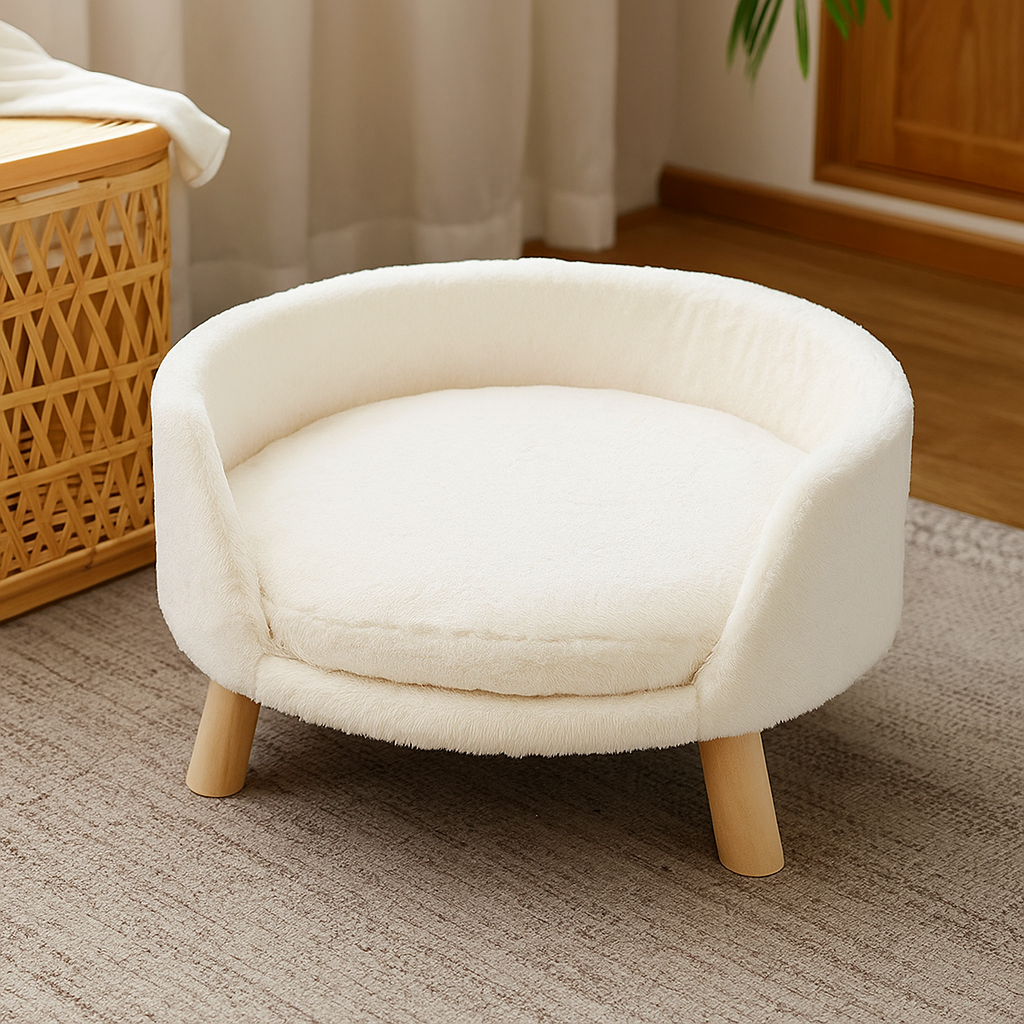 canapé chien de couleur blanc surélevé posé dans un salon en bois. Image produit Boutiquechien