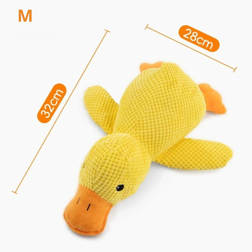 Jouet en forme de canard de couleur jaune et orange de tailles M avec toutes les dimensions du produits. Image produit Boutiquechien