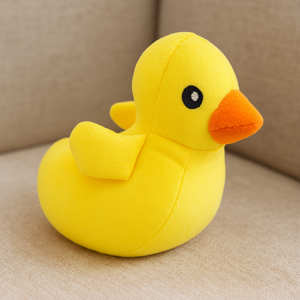 peluche canard de couleur jaune posé sur un canapé de couleur gris. Image produit Boutiquechien