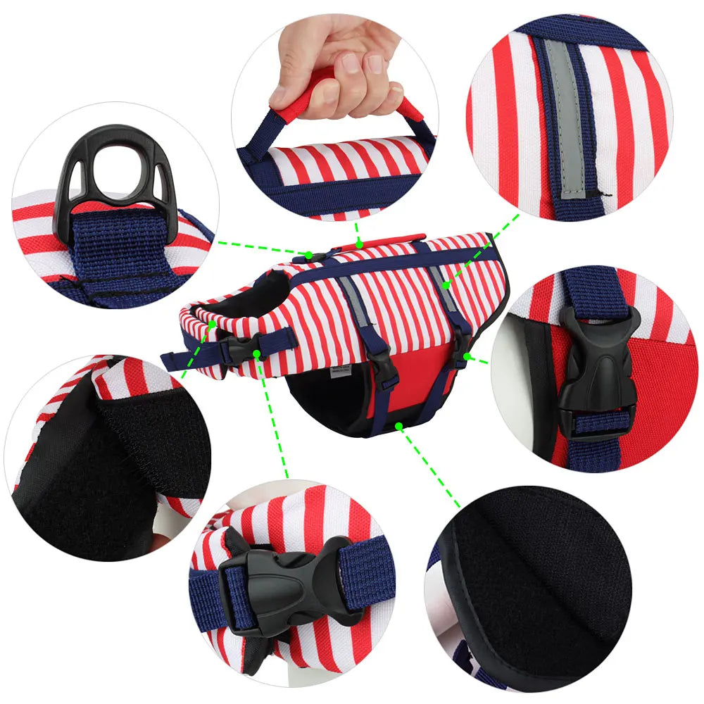 Toutes les caractéristiques en image de l'harnais de sauvetage pour chien de couleur rouge et blanc . Image produit Boutiquechien