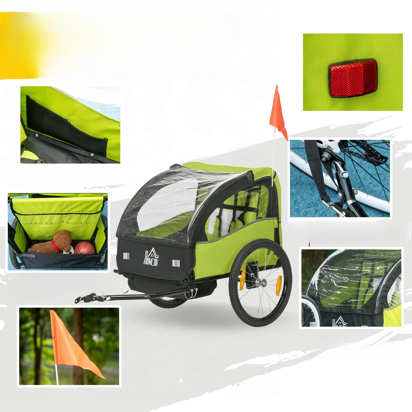 panier vélo pour chien de couleur noir et vert avec toutes les caractéristiques du produit. Image produit Boutiquechien