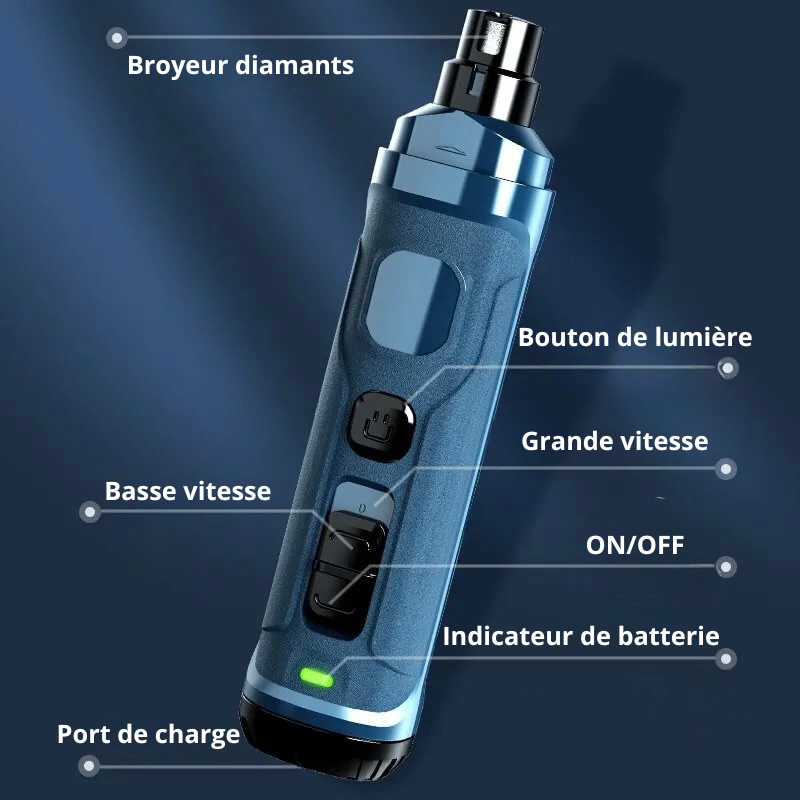 toutes les caractéristique de la ponceuse de griffe pour chien de couleur bleu foncé. Image produit Boutiquechien
