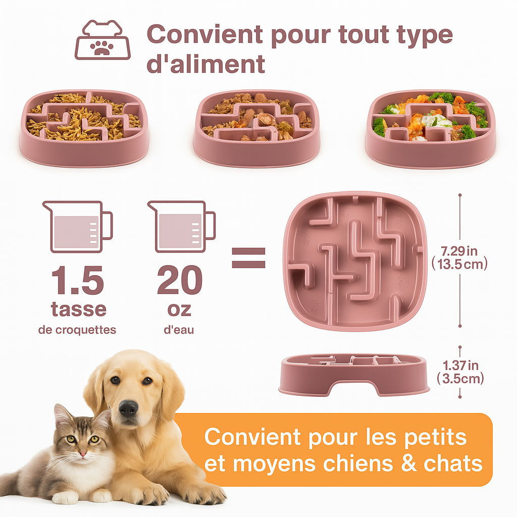 caractéristique et dimension de la gamelle anti-glouton pour chien de couleur rose. Image produit Boutiquechien