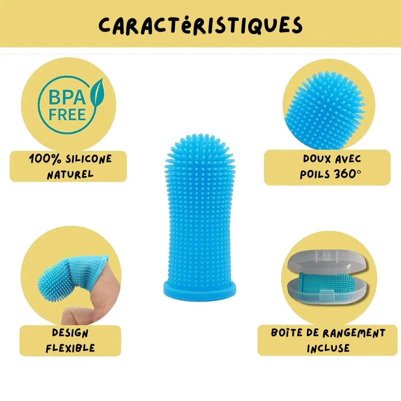 caractéristique de la brosse à dent chien 360° à mettre sur les doigts. Image produit Boutiquechien