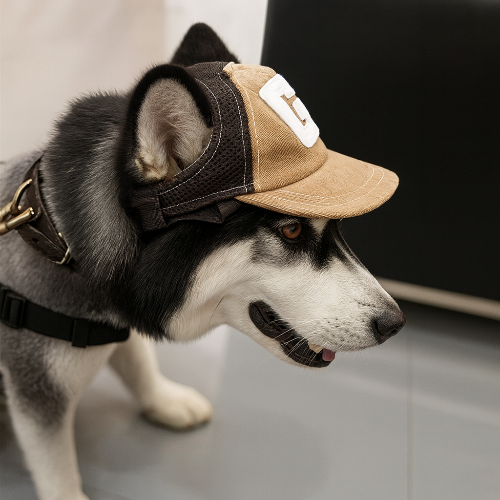 Gros chien blanc et noir portant une casquette pour chien de couleur beige et blanc de boutiquechien