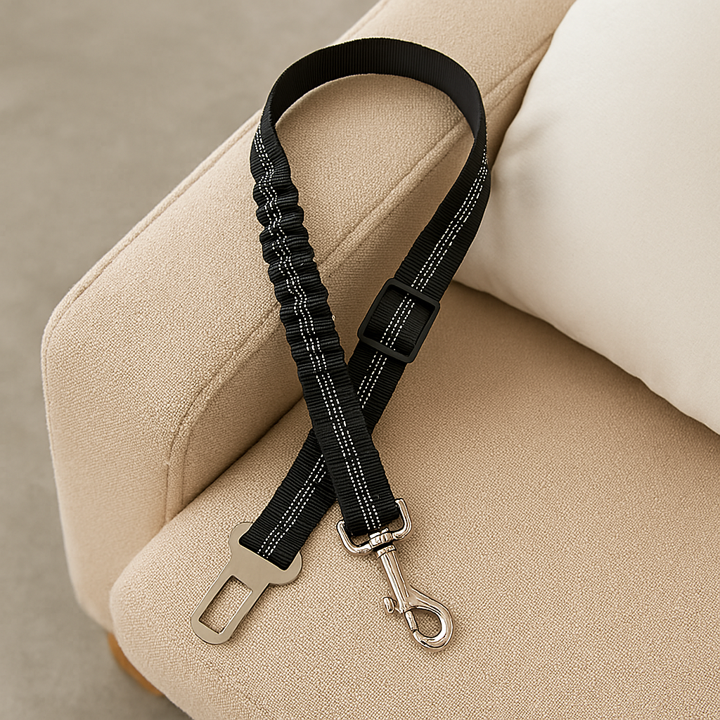ceinture de sécurité pour chien de couleur noir posé sur un siège de couleur beige. Image produit Boutiquechien