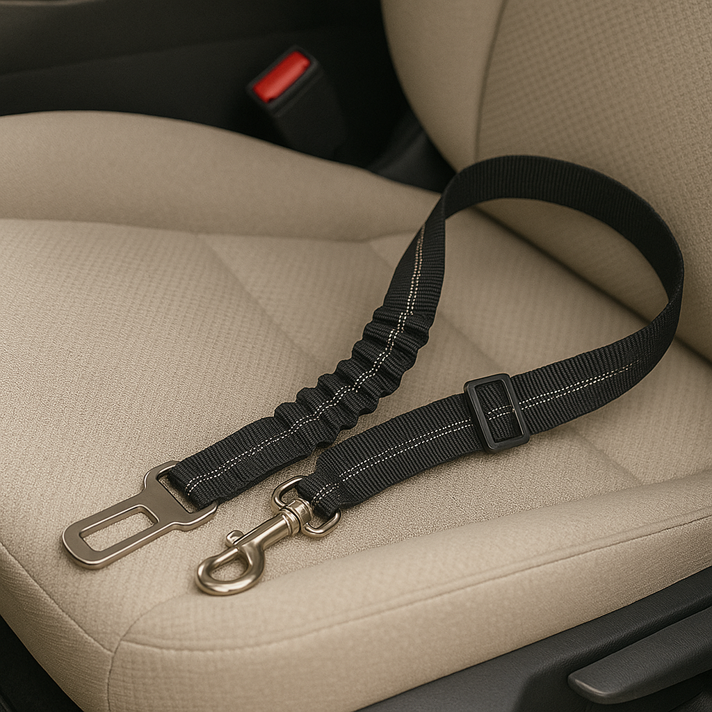 ceinture de couleur noir de sécurité pour chien. La laisse pour chien est posé sur un siège de voiture de couleur claire. Image produit Boutiquechien