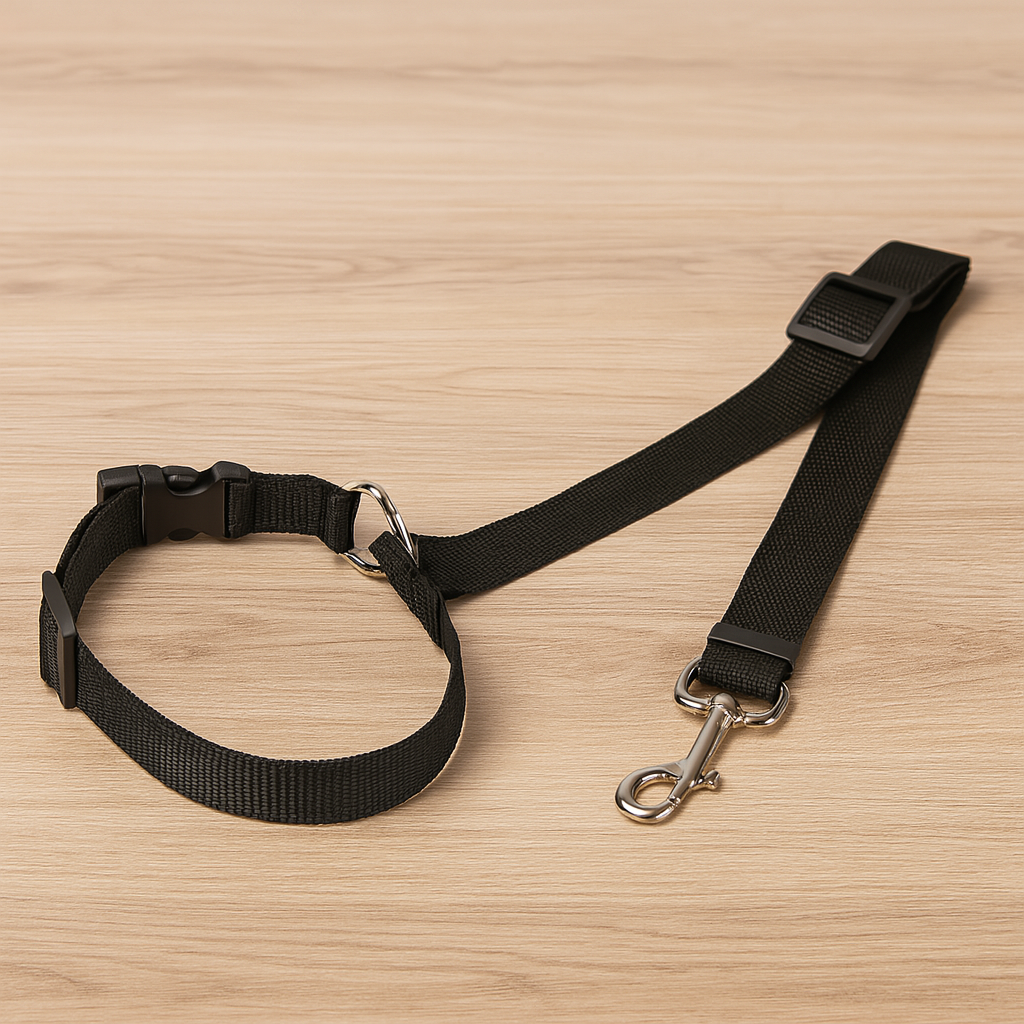 ceinture de sécurité pour chien de couleur noir posé sur un sol de couleur claire. Image produit Boutiquechien