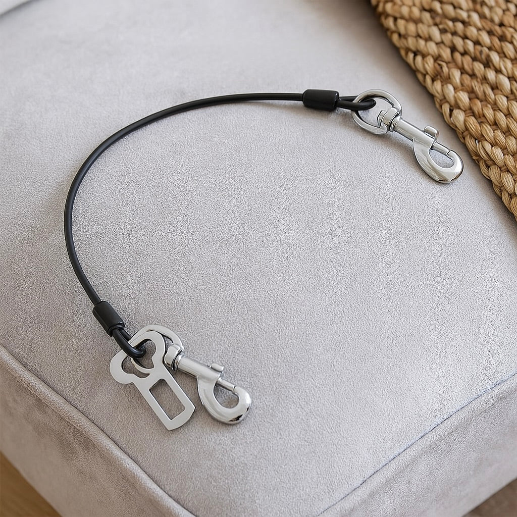 ceinture de sécurité pour chien de couleur noir posé sur un canapé de couleur claire. Image produit Boutiquechien