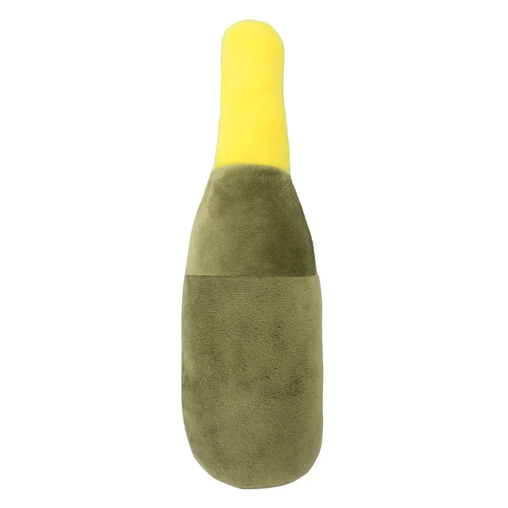 peluche en forme de champagne vert et jaune de dos pour chien. Image produit Boutiquechien