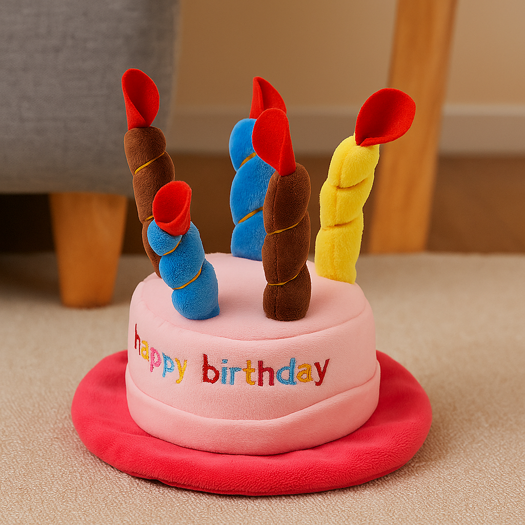 chapeau d'anniversaire pour chien en peluche pour jouer. Image produit Boutiquechien