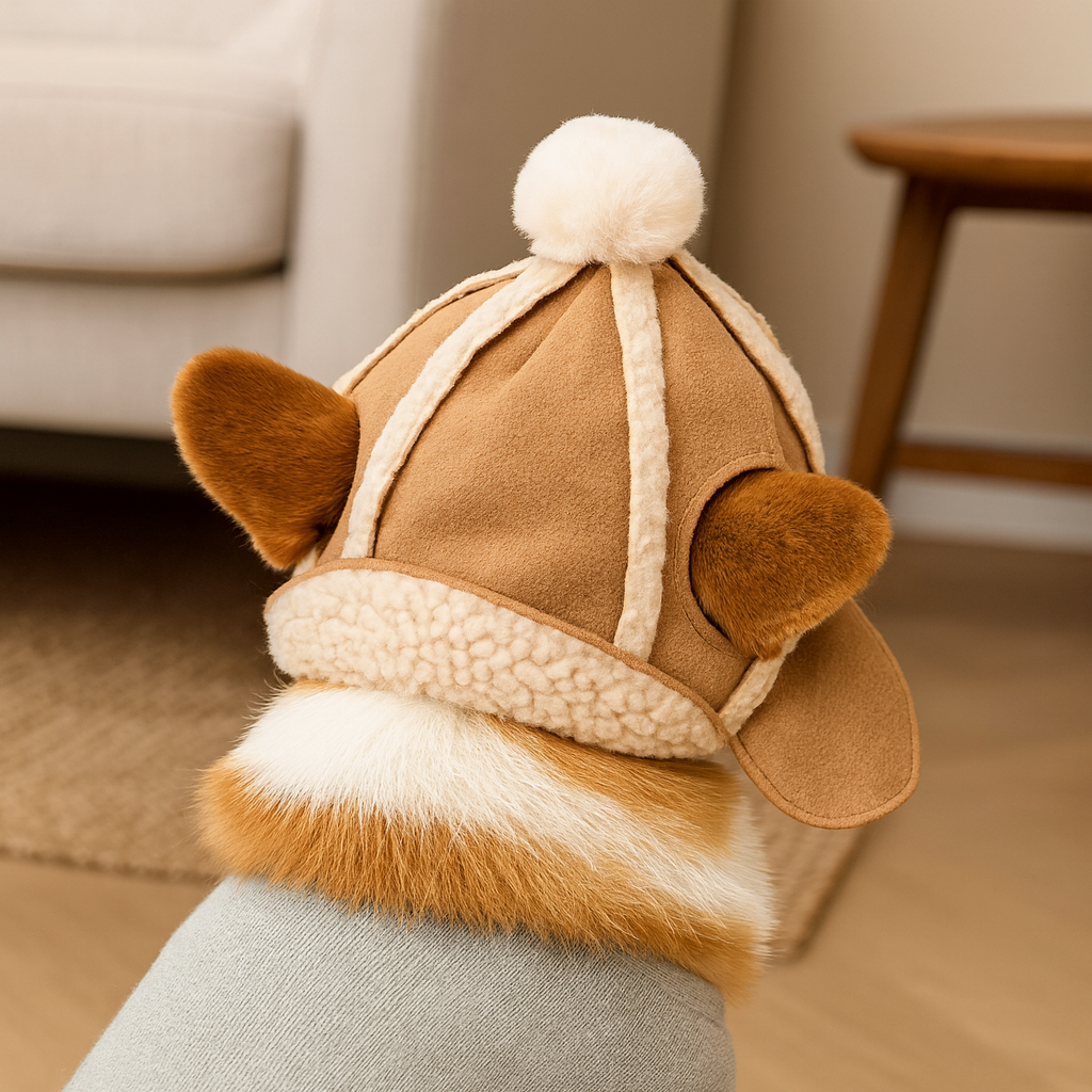 Casquette d'hiver pour chien de couleur claire porter par un chien de couleur claire dans un salon blanc avec en fond un canapé gris. Le Chien porte un pull gris. Image produit Boutiquechien