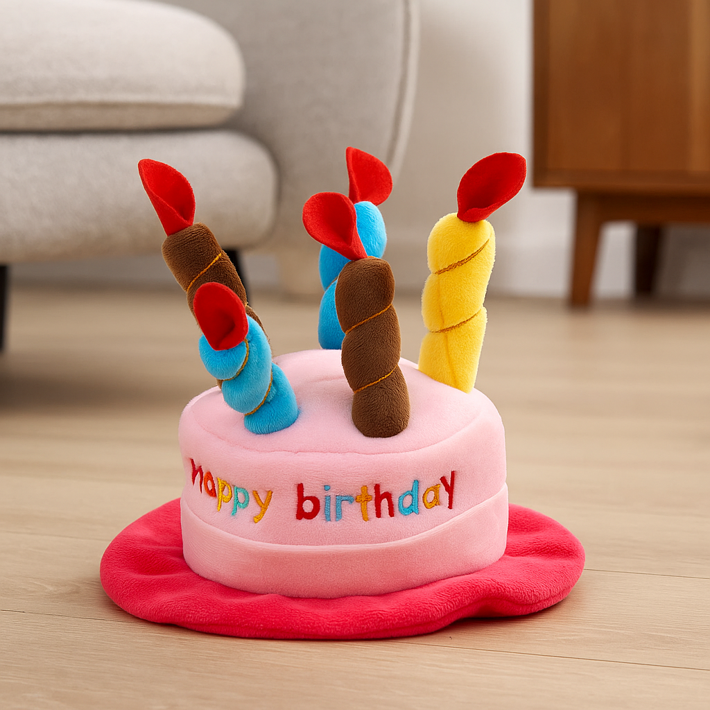 Chapeau chien rose jouet durable pour chien avec en fond un canapé et un meuble en bois. Image produit BOutiquechien
