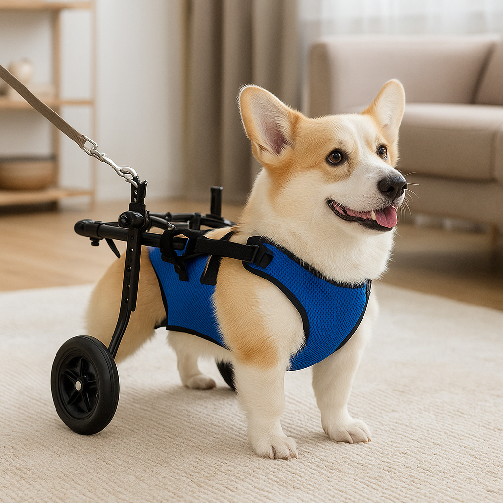 Corgi de couleur brun et blanc avec un chariot chien de couleur noir et bleu. En fond il y a un canapé de couleur gris et un meuble. Image produit Boutiquechien