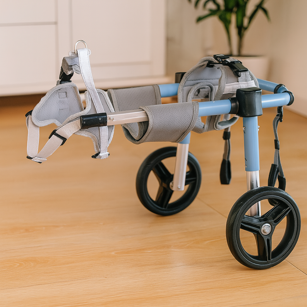 Chariot pour chien permettant à son chien handicapé de se déplacer facilement. Le chien est maintenu par la structure de ce chariot. En fond il y a une plante verte et un meuble blanc. Image produit Boutiquechien