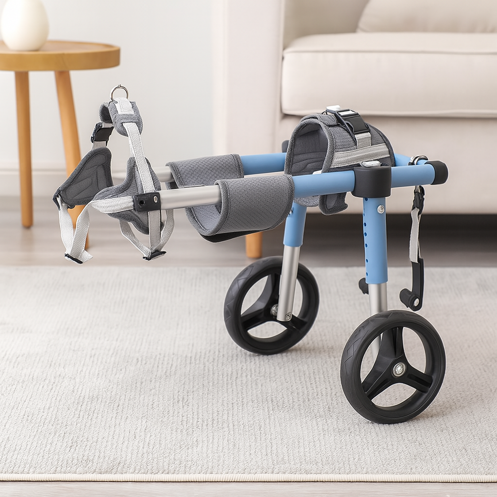 chariot pour chien handicapé de couleur bleu et noir dans un salon de couleur claire avec en fond un canapé blanc et une table basse. Image produit Boutiquechien