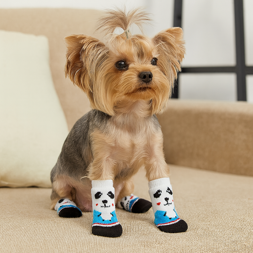 Chaussette pour petit chien de couleur blanc panda. Les chaussettes sont sur un petit chien découpeur claire. Le petit chien est sur un canapé de couleur beige. Image produit Boutiquechien