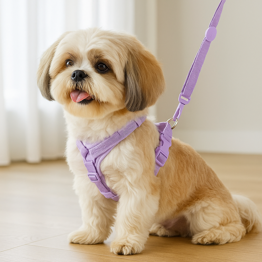 chien blanc avec un petit harnais pour chien de couleur rose avec sa laisse assortie. Le chien est assis dans une pièce de couleur claire. Image produit Boutiquechien