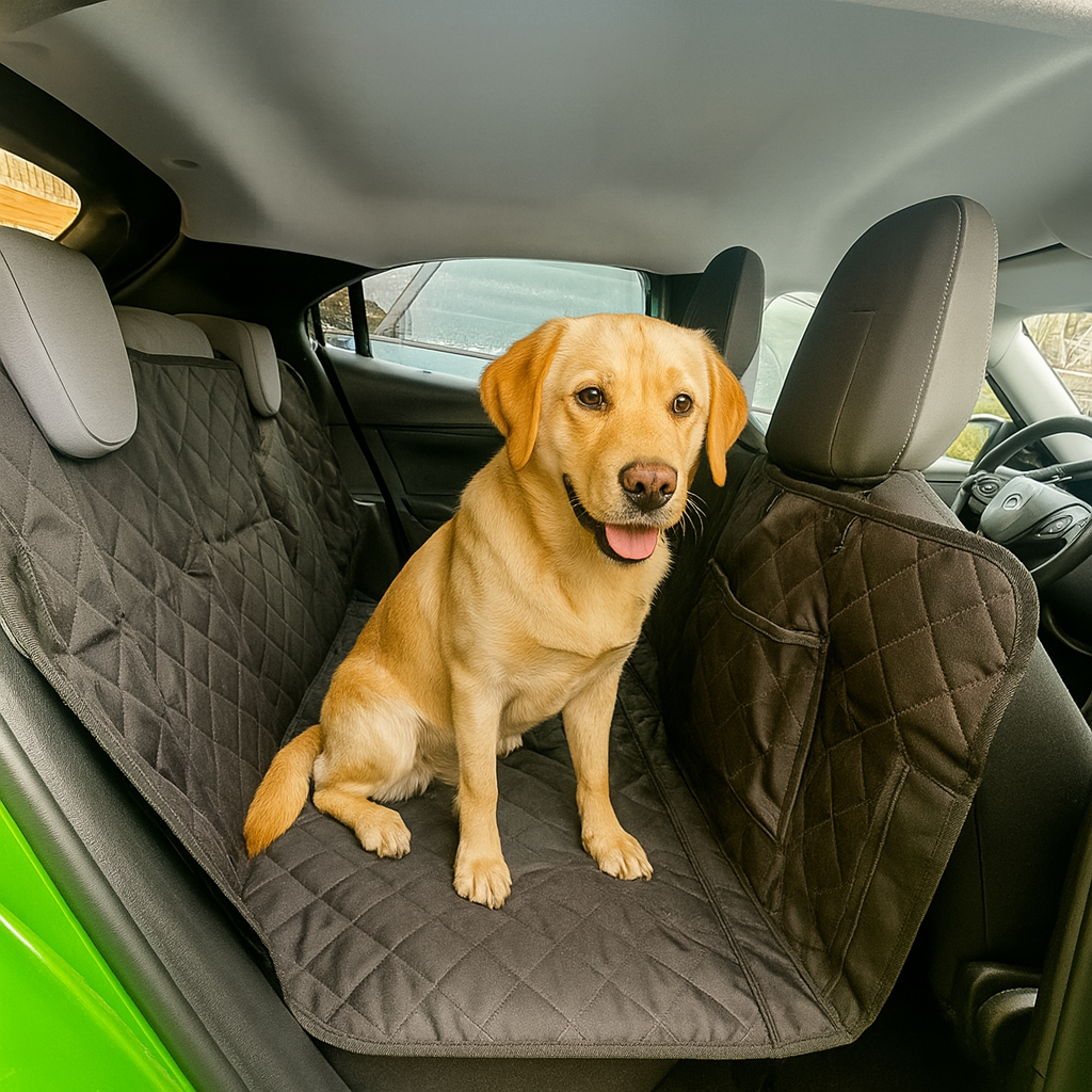 golden retriever de couleur brun claire dans une voiture de couleur noir sur une protection de siège de voiture de couleur noir. La voiture est de couleur vert et possède un intérieur de couleur claire. Image produit Boutiquechien