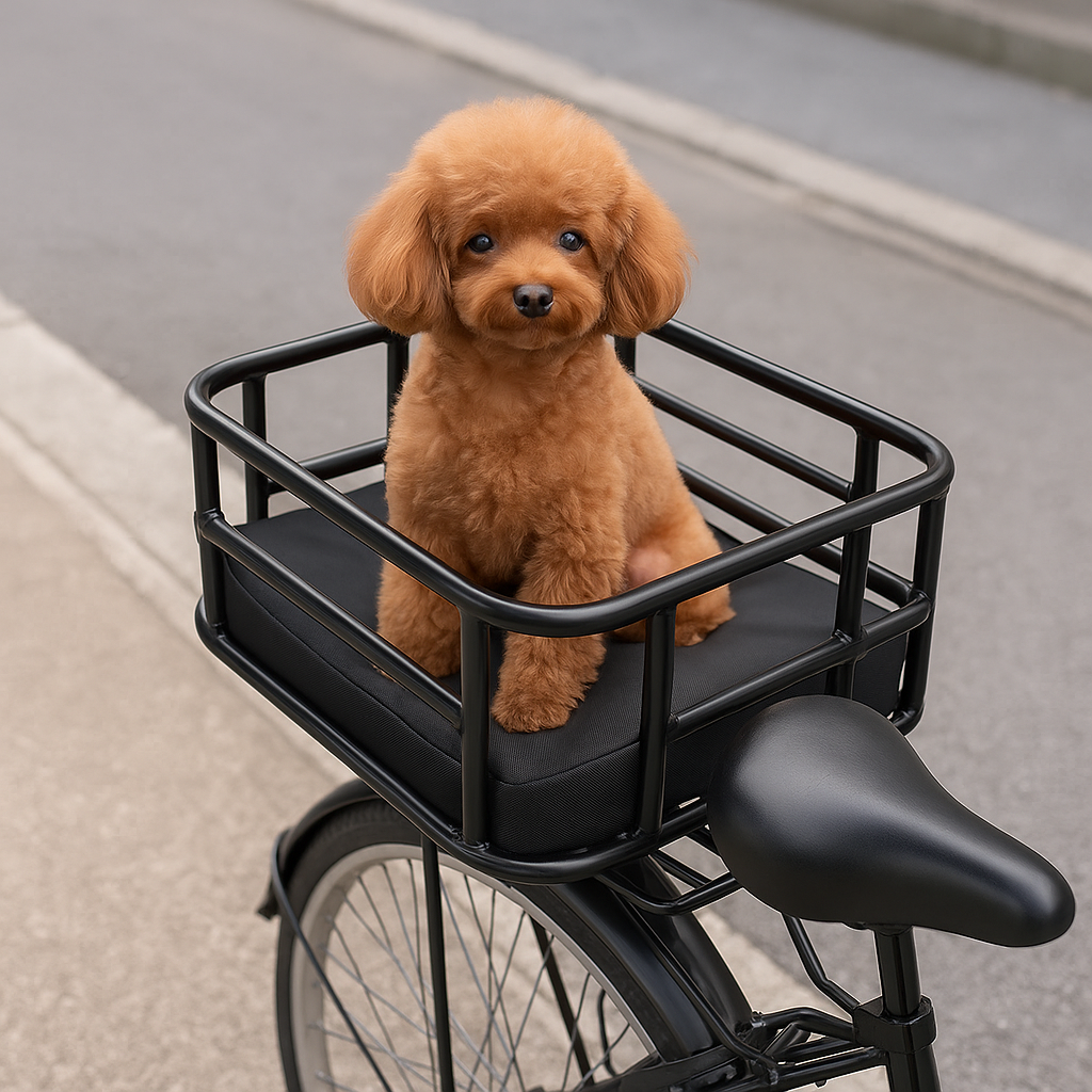Chien brun assis dans un panier chien vélo de couleur noir. Image produit Boutiquechien