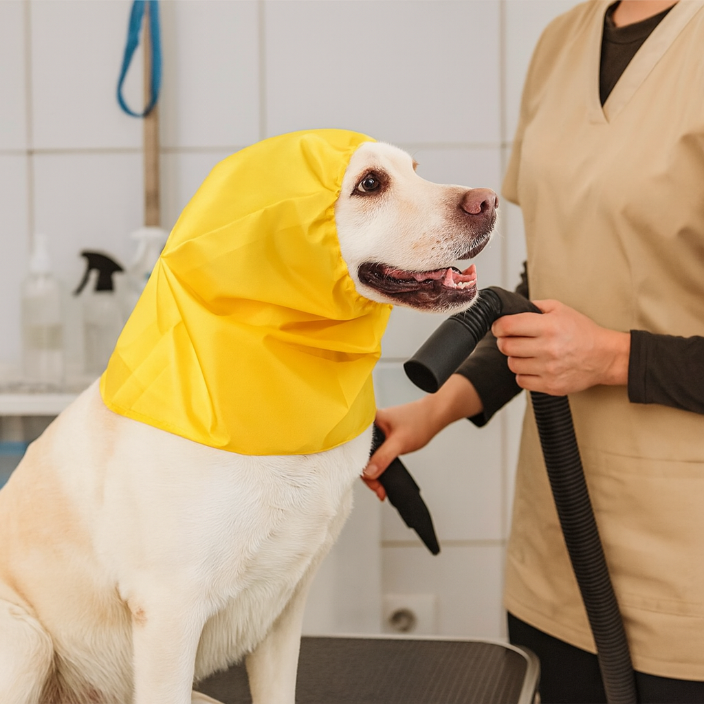 Bonnet pour chien de couleur se faisant toiletter dans un salon de couleur claire. Image produit Boutiquechien