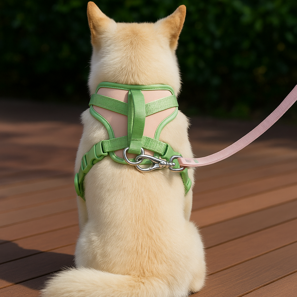 Harnais chien de couleur rose et vert vue de dos maintenu par une laisse laisse de couleur rose. En fond il y a une haie verte. Le chien est assis sur un un sol en bois. Image produit Boutiquechien