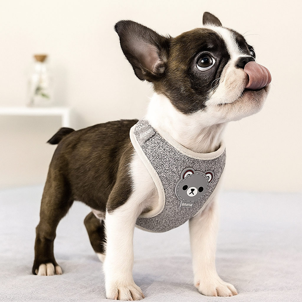 petit chiot buldog avec harnais chiot gris ourson. Le chiot est posé sur un lit moelleux avec en fond une table basse blanche. Image produit Boutiquechien