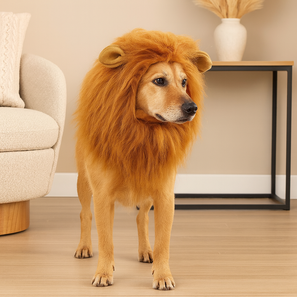 Grand chien de couleur claire portant une perruque en forme de crinière de lion de couleur brune. En fond il ya une table basse avec un fauteuil blanc. Image produit Boutiquechien