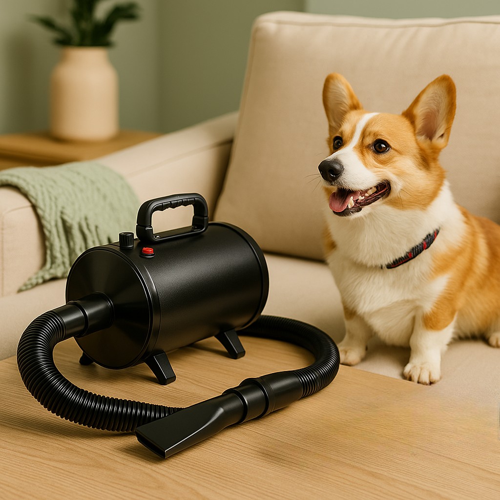 Corgi sur un canapé assis devant le pulseur chien de Boutiquechien. Le pulseur chien est posé sur la table en bois devant le canapé blanc