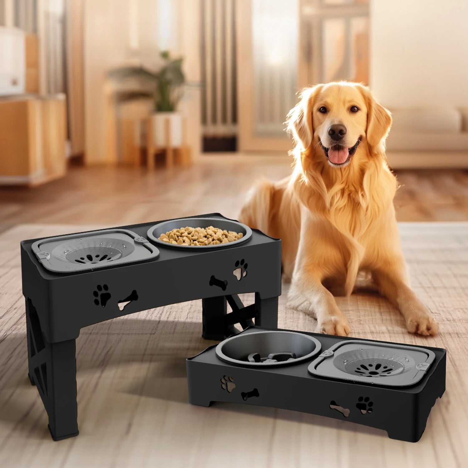 Chien de couleur claire derrière sa gamelle double noir et grise. L'image est dans un salon de couleur claire. Image produit Boutiquechien