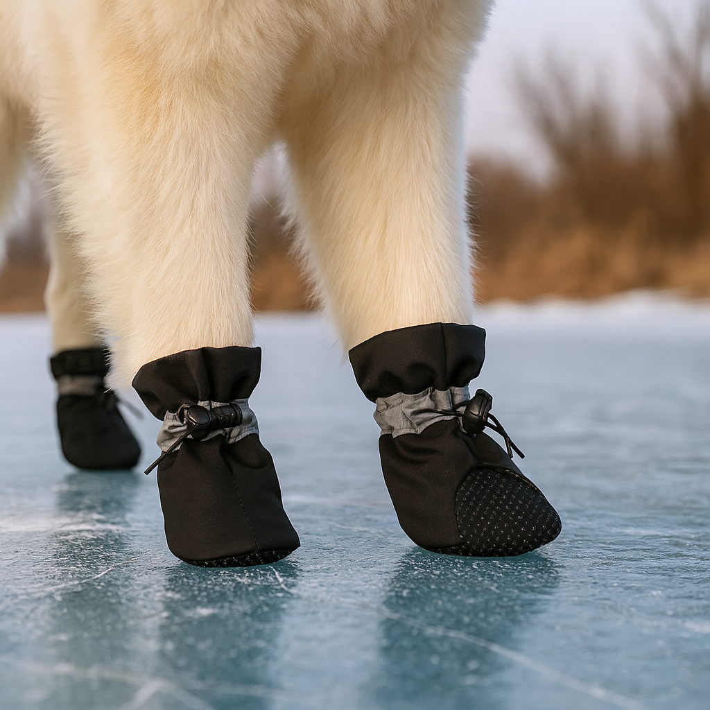 Bottes pour chien d'hiver de couleur noir porté par un petit chien de couleur blanc. Le petit chien marche sur un lac gelé. Image produit Boutiquechien