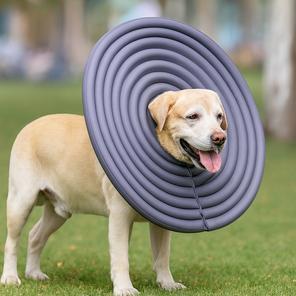 Grande collerette pour chien violette sur un chien de couleur blanc. Le chien est debout dans l'herbe verte. Image produit Boutiquechien