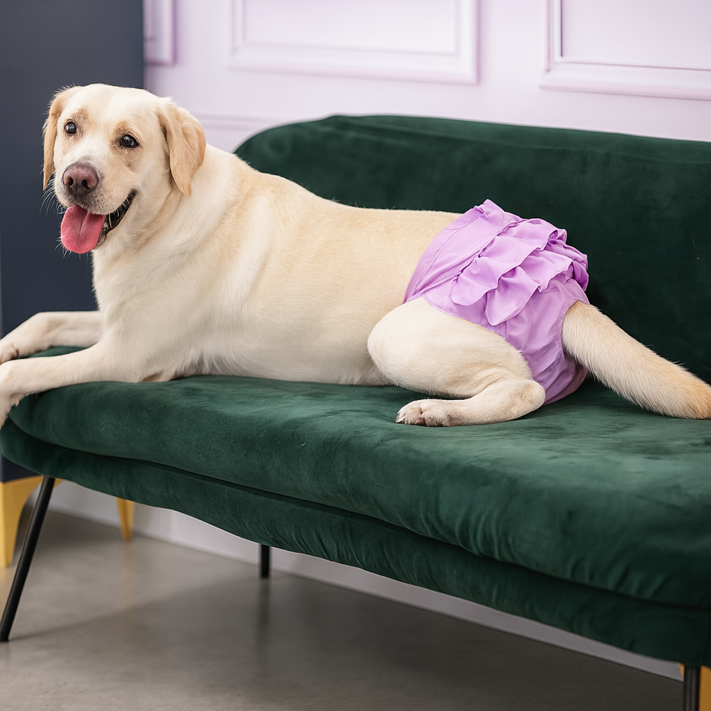 Grand chien blanc portant une culotte tutu rose est couché sur un canapé vert. Image produit Boutiquechien
