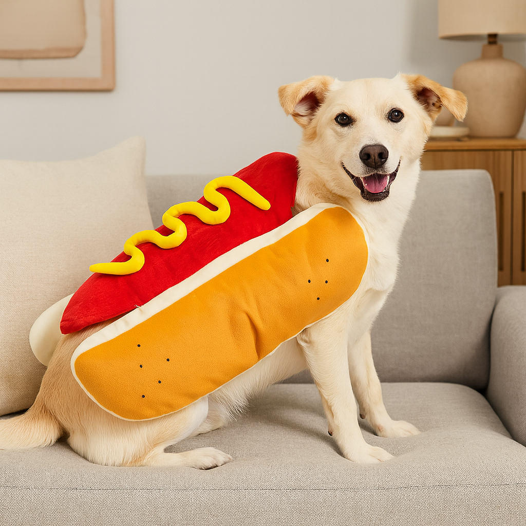 Grand chien blanc portant un déguisement pour chien en forme de hot dog de couleur brun et rouge. Le chien est assis sur un canapé de couleur gris avec en fond une commode en bois. Image produit Boutiquechien