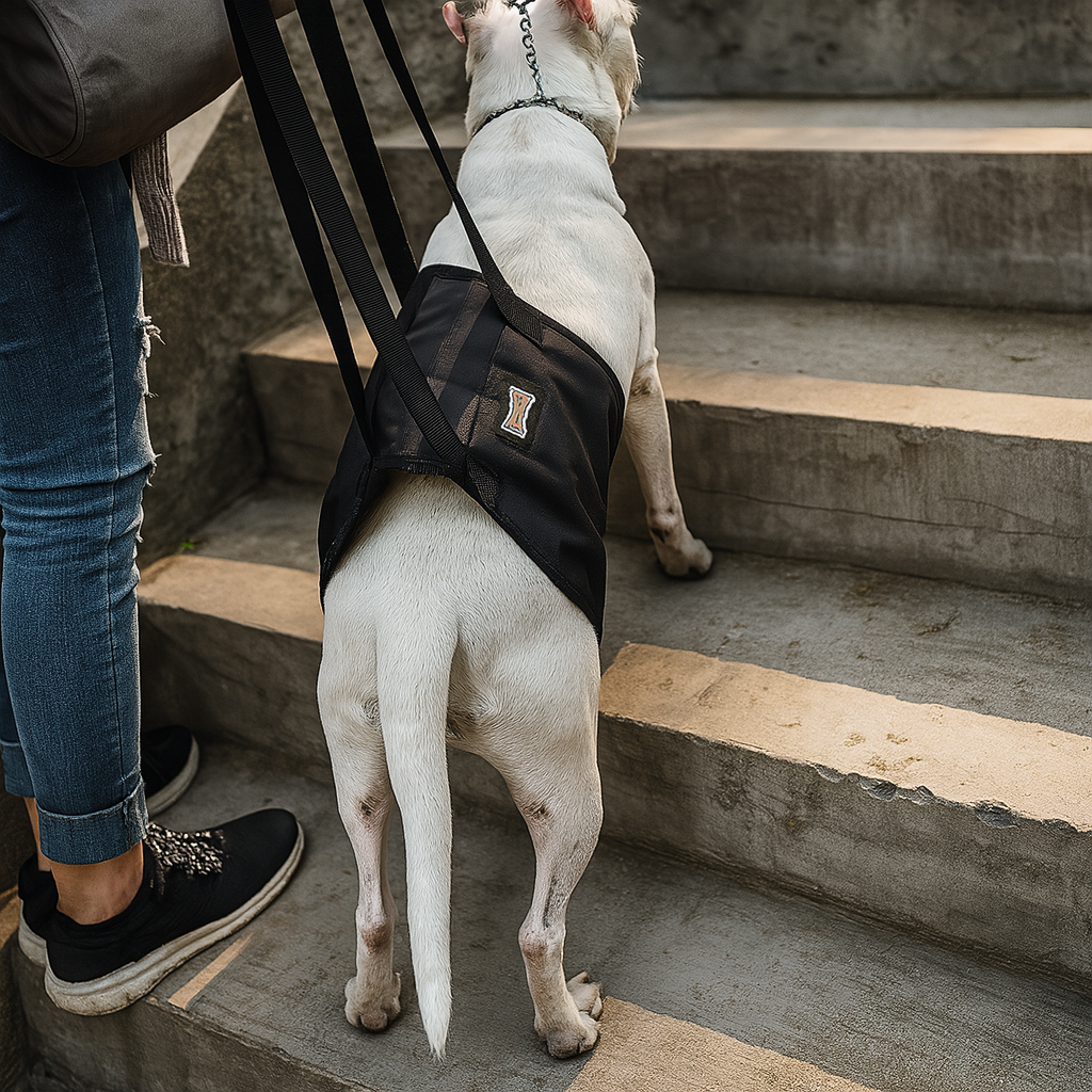 Chien blanc maintenu par un harnais de maintien de couleur noir qui lui permet d'être soulager pour monter les escaliers grâce aux sangles. Image produit Boutiquechien