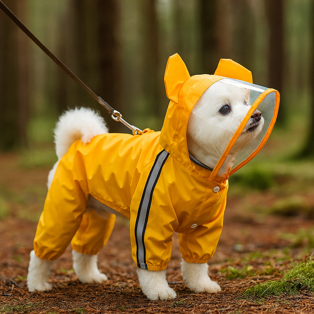 Petit chien de couleur blanc dans un imper de couleur orange en forme d'ourson dans une forêt verdoyante. Image produit Boutiquechien