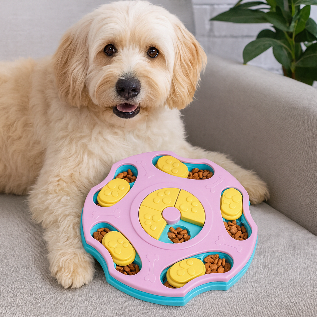 Chien de couleur blanc couché sur un canapé gris avec devant lui un puzzle pour chien rose et bleu . Image produit Boutiquechien