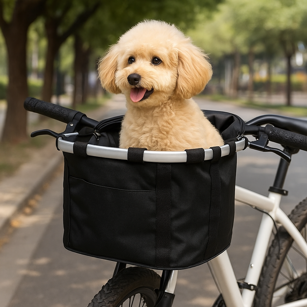 Chien blanc dans un panier vélo chien de couleur noir attaché à un vélo blanc. Image produit Boutiquechien