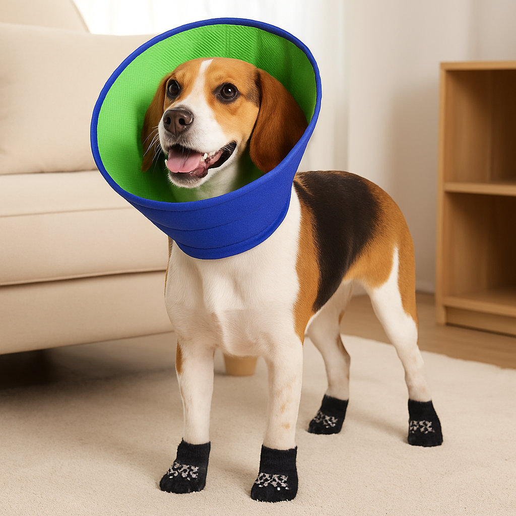 Chien blanc et brun portant une collerette pour chien de couleur bleu et verte. Le chien est debout sur un tapis blanc avec en fond un canapé blanc. Image produit Boutiquechien