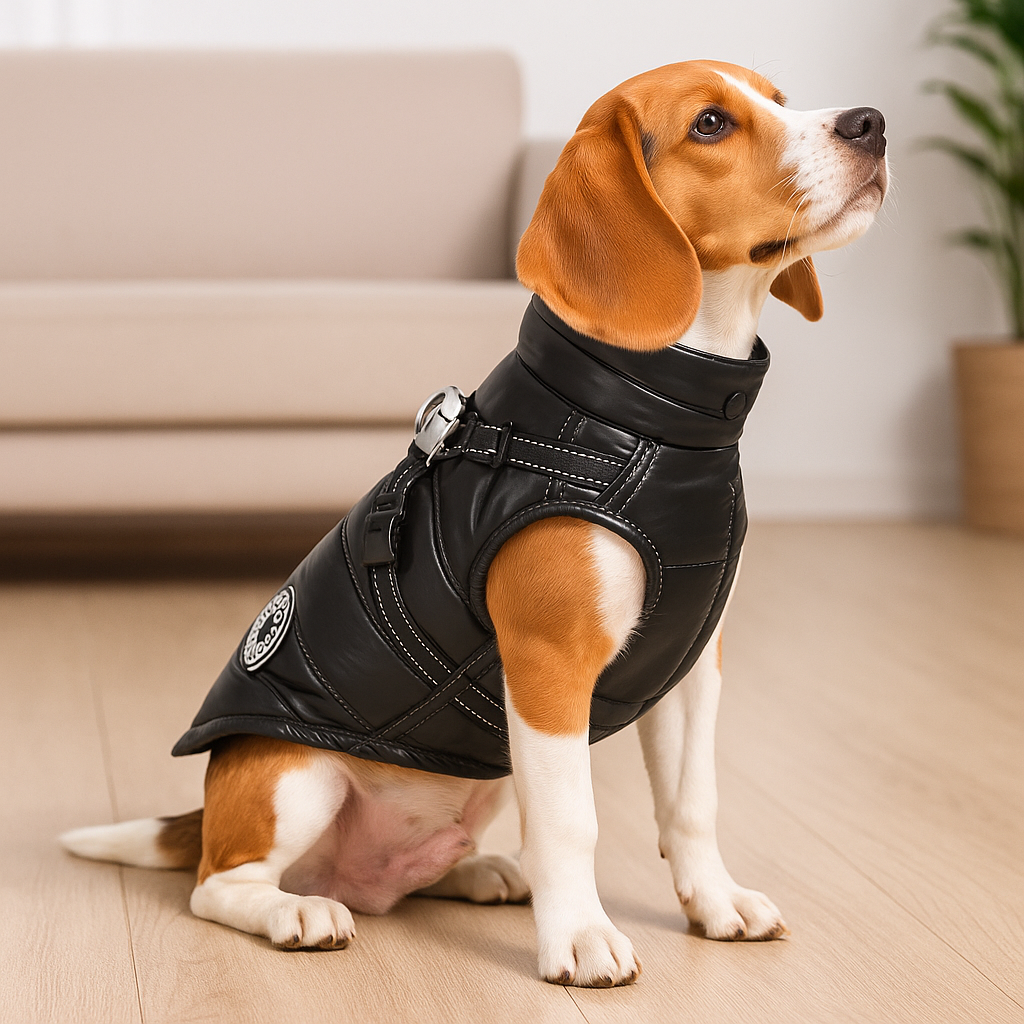 Harnais veste chien de couleur noir sur un moyen chien de couleur brun et blanc. Le chien est assis dans un salon claire avec en fond un canapé gris et une plante verte. Image produit Boutiquechien