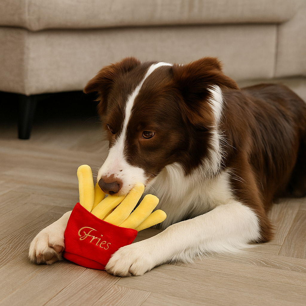 chien brun et blanc couché par terre avec en fond un canapé gris. Le chien joue avec ses frites peluches rouge et jaune. Image produit Boutiquechien